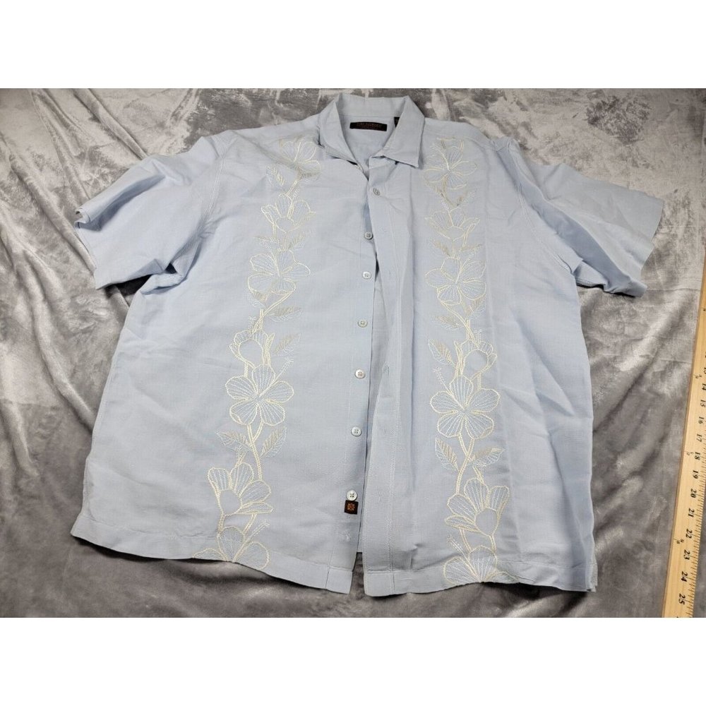 Tori Richards Hawaiian Embroidered Floral Button Up Blue Shirt 2xl Linen cotton